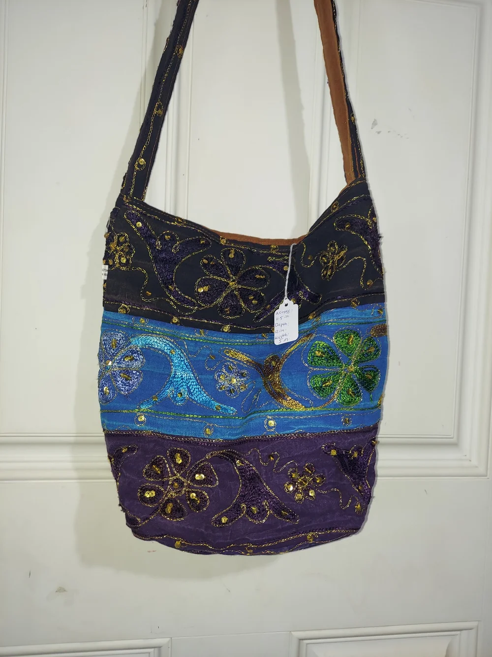 Embroidered Multicolor Hobo Bag - Blue, Purple, Black